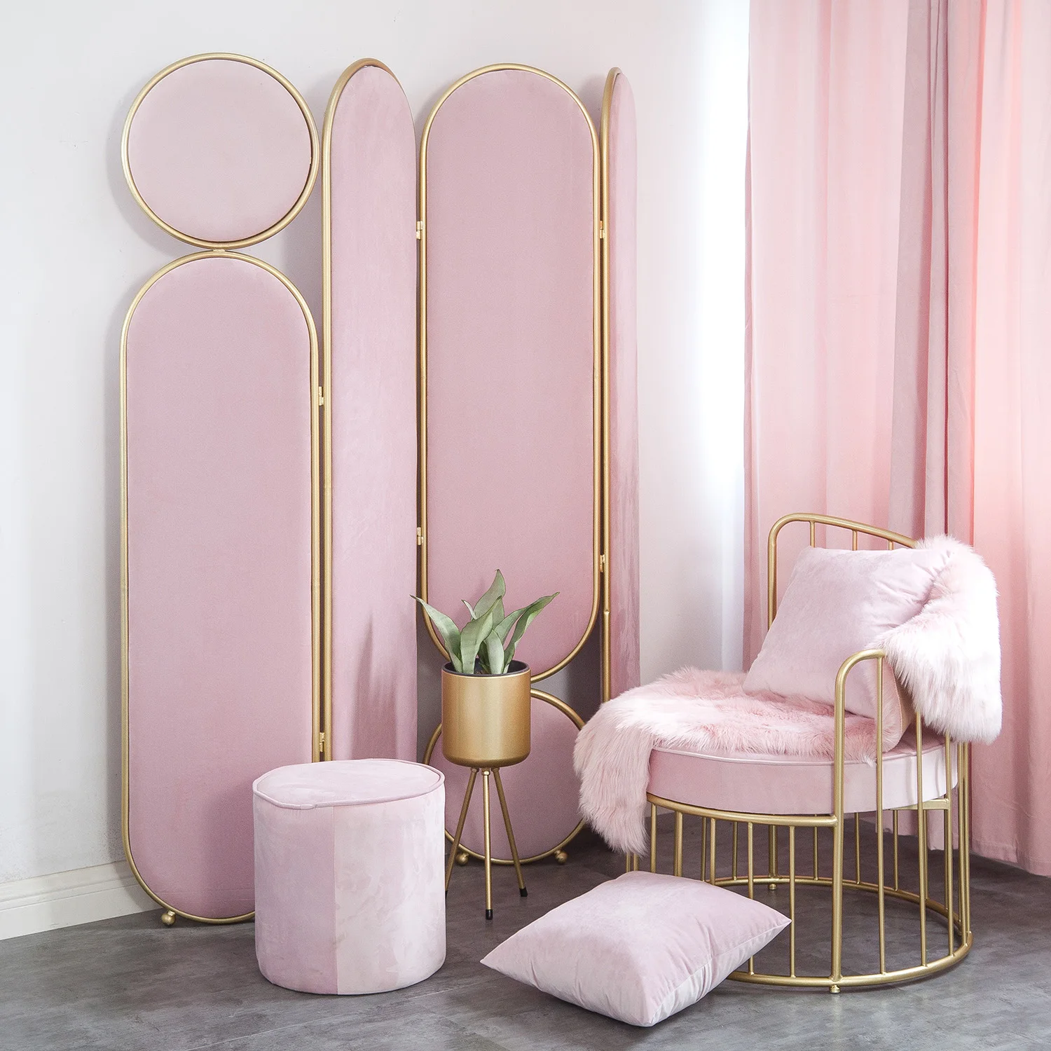 
Nordic Ins style modern hotel beauty salon golden light luxury iron art lounge sofa velvet hotel room sofa chair 