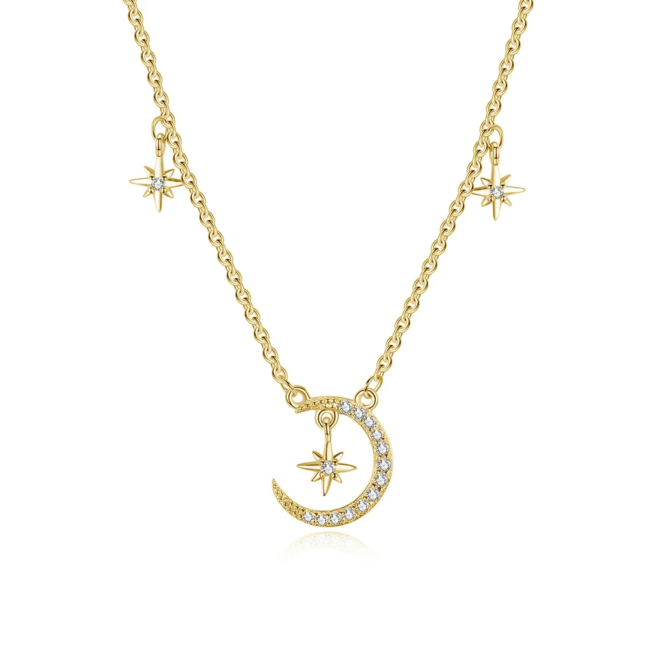 

925 Sterling Silver 18k Gold Plated Cubic Zircon Moon Starburst Pendant Necklace For Women