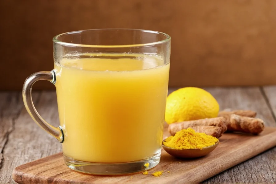 Golden turmeric tea in a ceramic mug with fresh turmeric root and black pepper