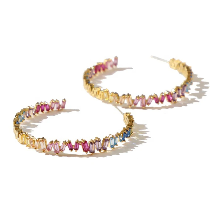 

925 sterling silver custom jewelry rainbow multi-colored baguette hoop earrings