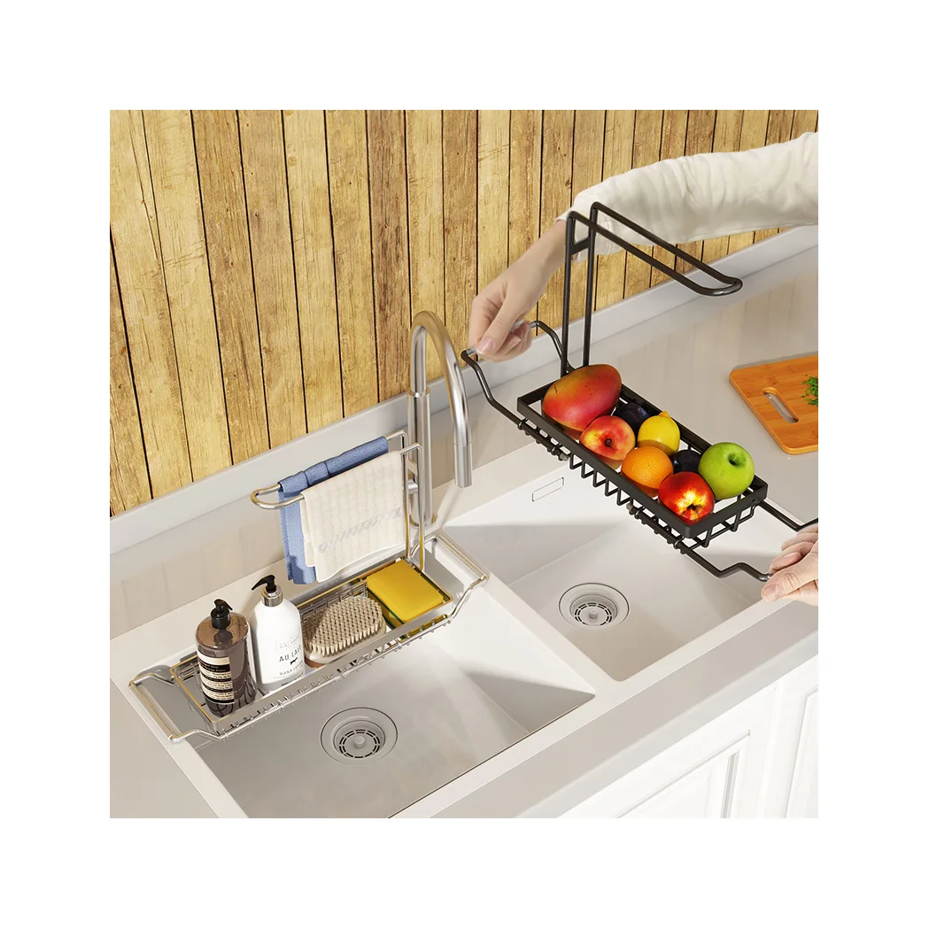 

New retractable 304 stainless steel towel draining organizer kitchen sink caddies towel dry sponge shelf kitchen sink above, Black/ stainless steel color