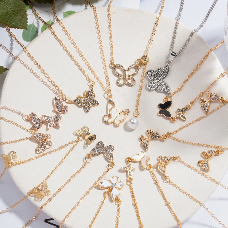 

women gold plated link chain butterfly pendant choker necklace dainty crystal rhinestone charm butterfly necklace, Gold, silver