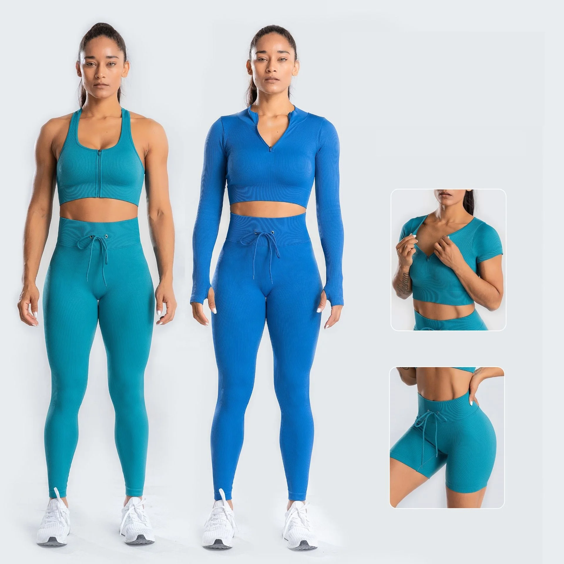 

INS Hot Item Butt Lifting Seamless 5 Piece Set Women Tracksuit Workout Yoga Pants Gymwear Shorts Zipper Front Vest Nylon Shirts, Black, blue, green, grey