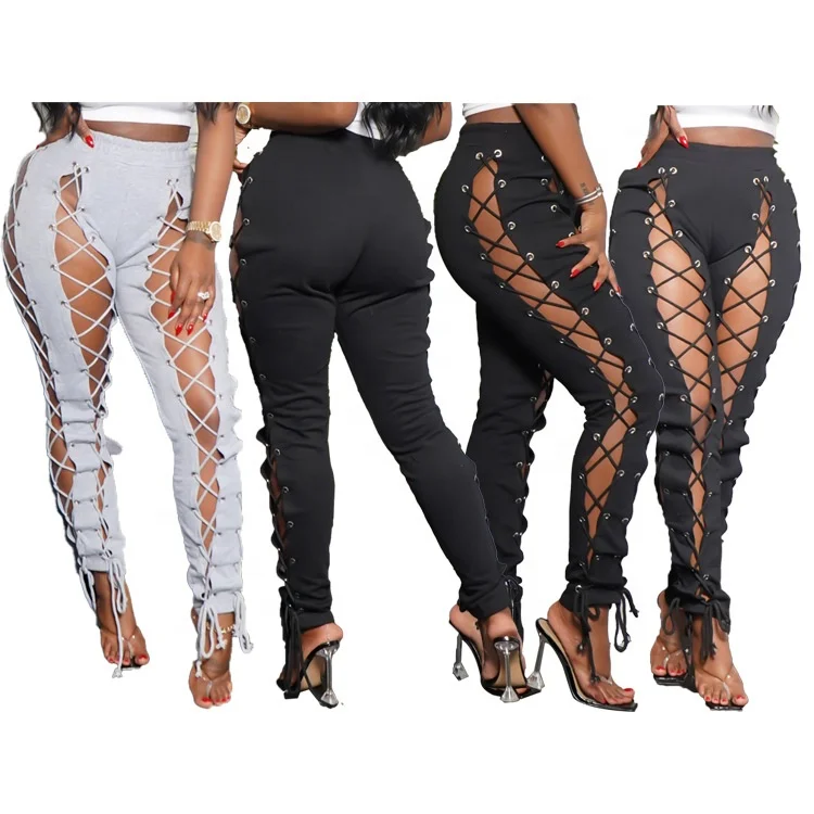 

LW Hot Sales Fashion Sexy Drawstring Hollow Skinny Stacked Joggers Causal Full Length Pencil Women's Spring Pants & Trousers, Picture
