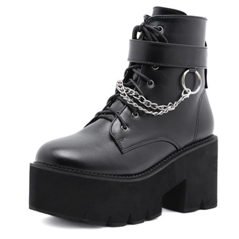 

Dropshiping Agent Women's 8 cm Bottom Boots Street Style Metal Chain Mid Boots for Women 2021 Lady Thick Sole Round Toe Chunky S