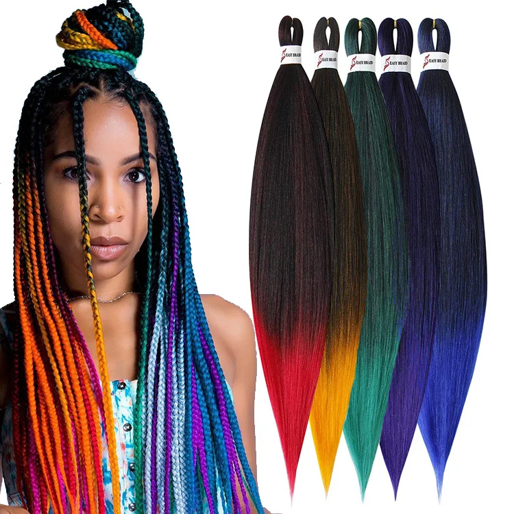 

Pre-Stretched Braiding Hair Easy Braiding Crochet Hair Extensions Ombre Color 26inch 90g Yaki Texture Synthetic Fiber Box Braids, Black pink red purple brown green