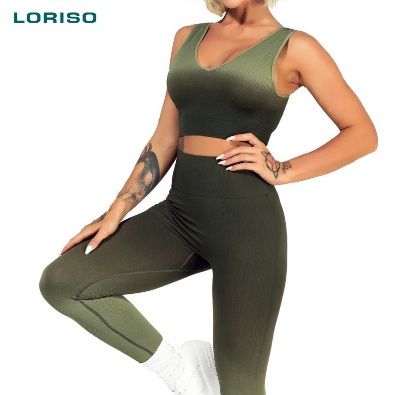 

New arrival in stock top quality custom logo V neck high-waisted tummy control hanging dye gradient seamless yaga seamless, Multicolor optional