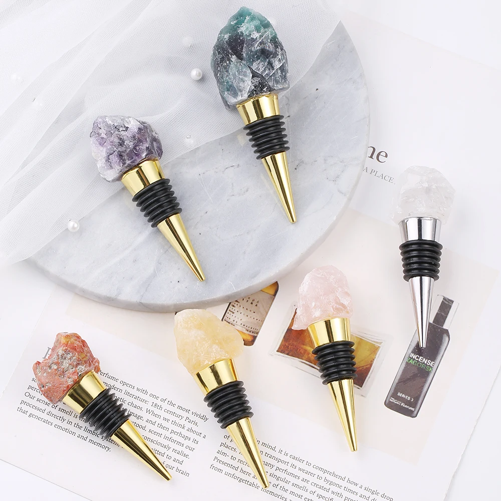 

custom raw stone rose quartz wine stopper gold healing crystal natural druzy agate slice wine bottle stopper for jars, As picture