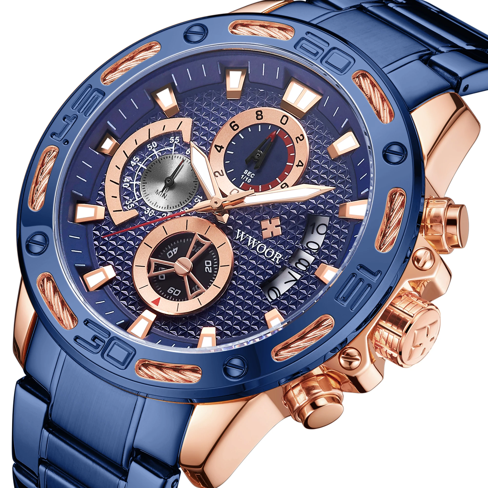 

2020 New WWOOR 8879 Stylish Sport Chronograph Watch Men Stainless Steel Waterproof Wrist Watch Luxury Date Quartz Blue Watches