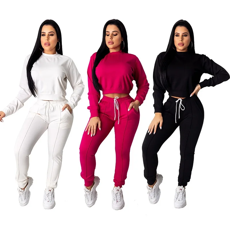 

2021 Fall clothing casual women two piece outfits sweat suit hoodie jogger tracksuit set, Black,white,rose