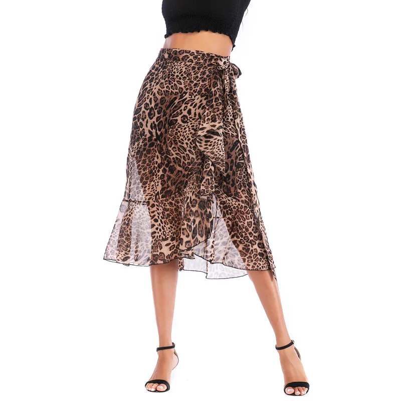 

Springway Best Selling Fashion Summer Chiffon Leopard Print Skirts High Waist Buttocks Breathable Lace Up Women's Skirts