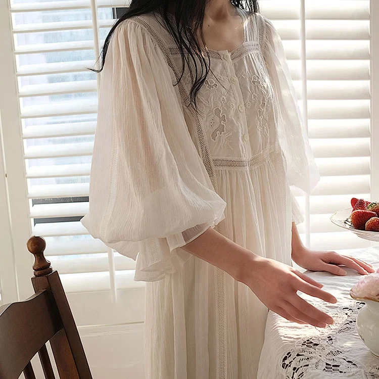 

New Fairy Nightgown Embroidery Lace Cotton Long Nightdress Woman Vintage Puff Sleeve White Sleepwear Home Dress Pajamas