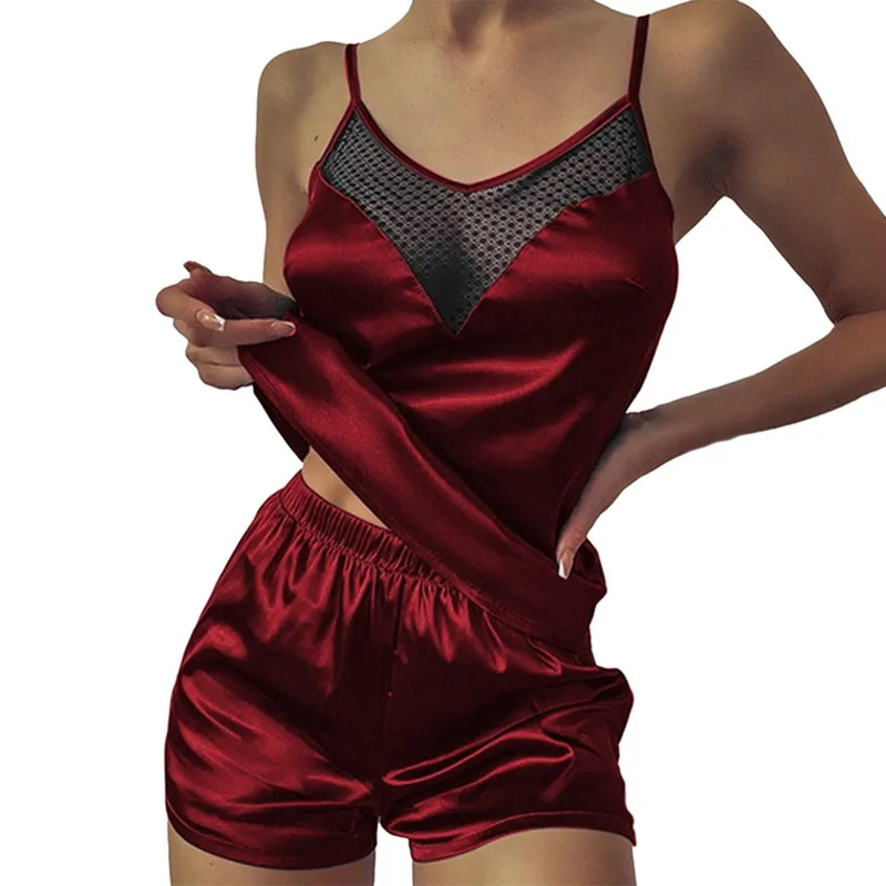 

Hot Woman Sleepwear Spaghetti Strap Silk Two Piece Nightwear Chemise Femme Cami Short Lace Pajamas Set