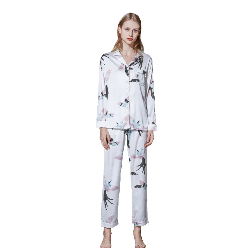 

Winter Red-Crowned Crane Print Shirt+pants Ice Silk Long Sleeve Two Pieces Women Animal Pijamas