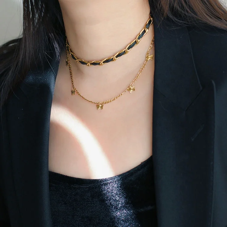 

Trendy Statement Hip Hop Jewelry 18k Gold Plated Stainless Steel Mixed Chain Black Genuine Leather Choker Necklace for Women, Gold color