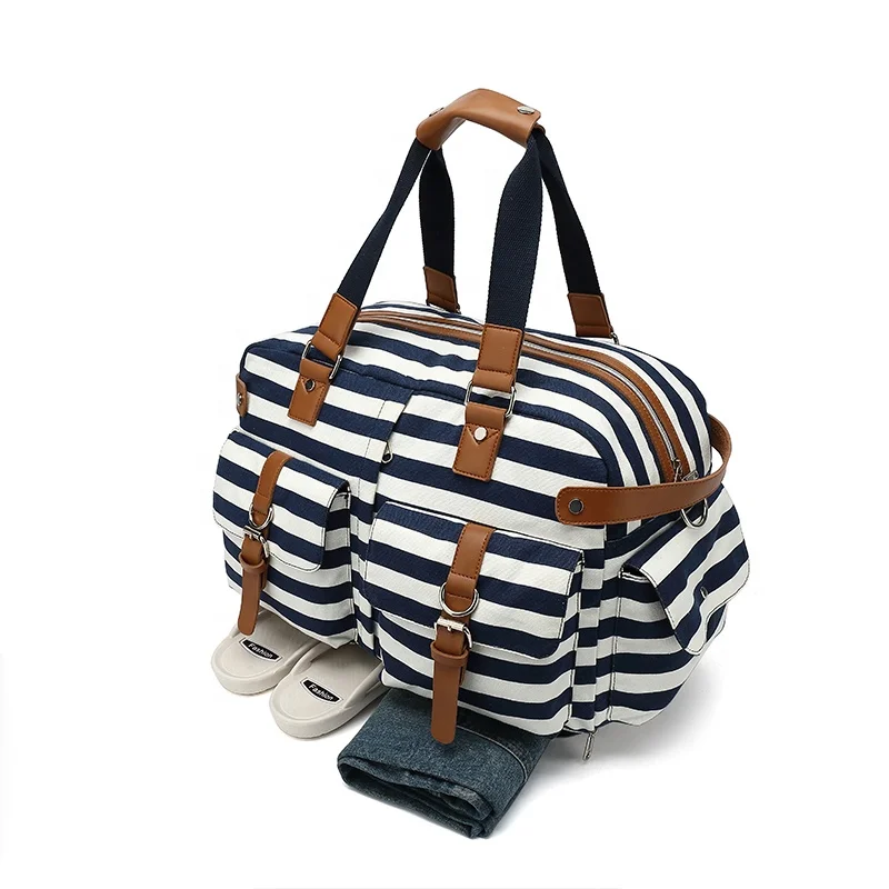 

Stripe Women Canvas Travel Duffel Bag Weekender Overnight Bag with Shoes Laptop Compartment, Customized