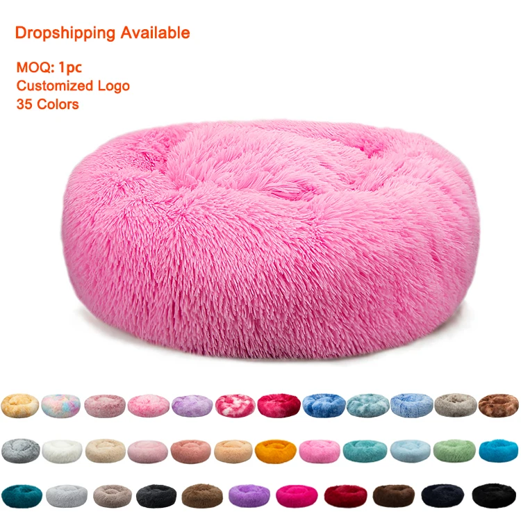 

Dropshipping 40cm Warm Comfy Calming Donut Dog Bed luxury Fluffy Washable Cheap Dog Bed Custom Round Soft for Pet, 35 colors / customized