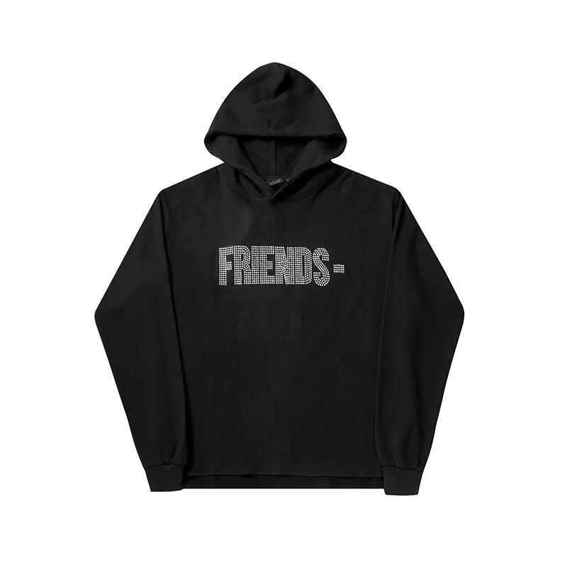 

Wholesale custom logo fashion men's black hoodies with rhinestones, Could be customized