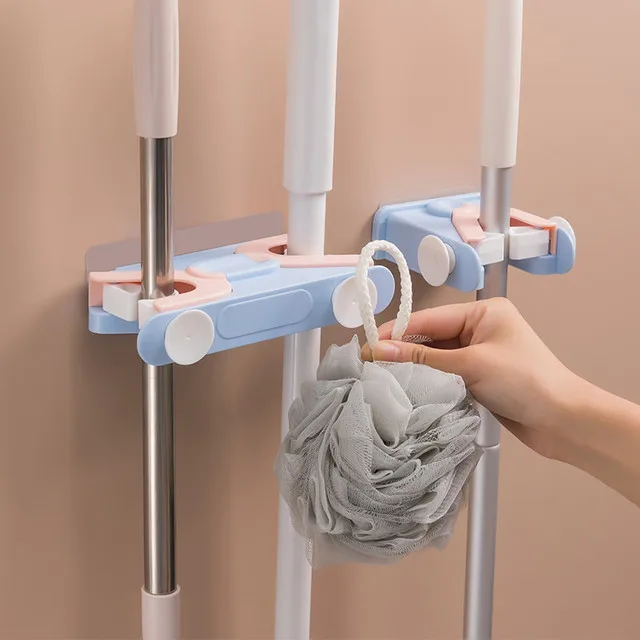 

Mop Broom Holder With Hooks Self Adhesive Mop Grip Storage Holders Wall Mounted Broom Hanger Tool Organizer Rack For Garden, Single hook: blue, gray, white, double hook: blue, gray, white
