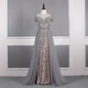 Gray Color Illusion Neck Short Sleeve Evening Dresses For Lady Heavy Beaded Crystal 2019 Home Coming Dresses Dinner Gowns