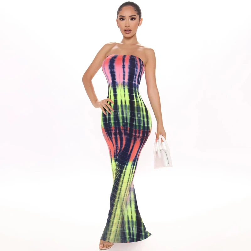 

2021casual dresses Sleeveless Slash Neck Tye Die Style Skinny Maxi Dress Spring Summer Women Fashion Sexy Streetwear Casual