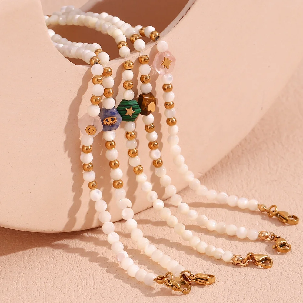 Natural Gemstone Jewelry Wholesale White Shell Pearl Evil Eye Chain Bracelet Gold Plated Jewelry Bead Bracelet