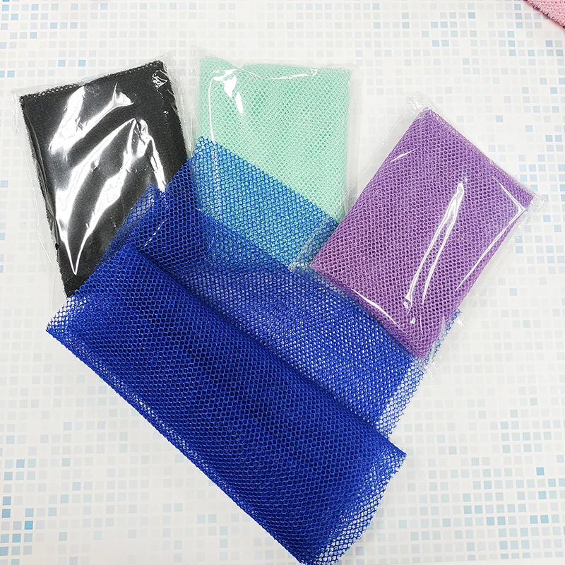 

Custom Skin Nylon Exfoliating Back Long Scrubber Mesh Shower Scrubbing Sponge Nylon Bathing African Net Sponge