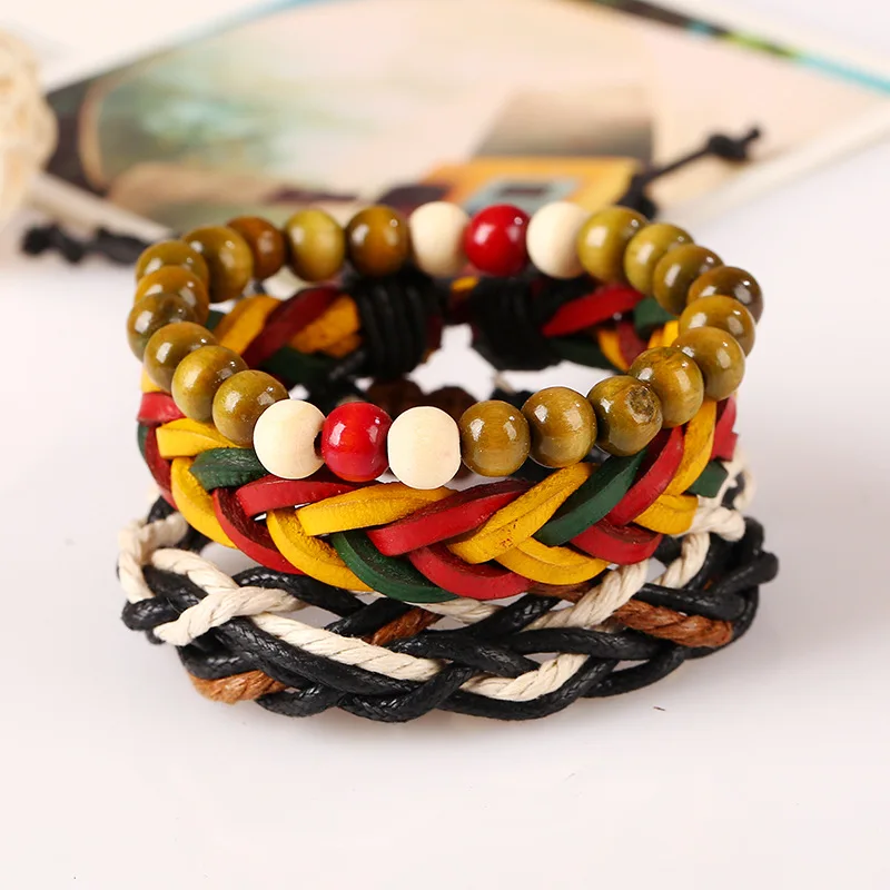 

Retail Europe Hot Selling Genuine Leather Jewelry Handmade Braided Bracelet For Men Jamaica Style Retro Leather Wrap Wristband