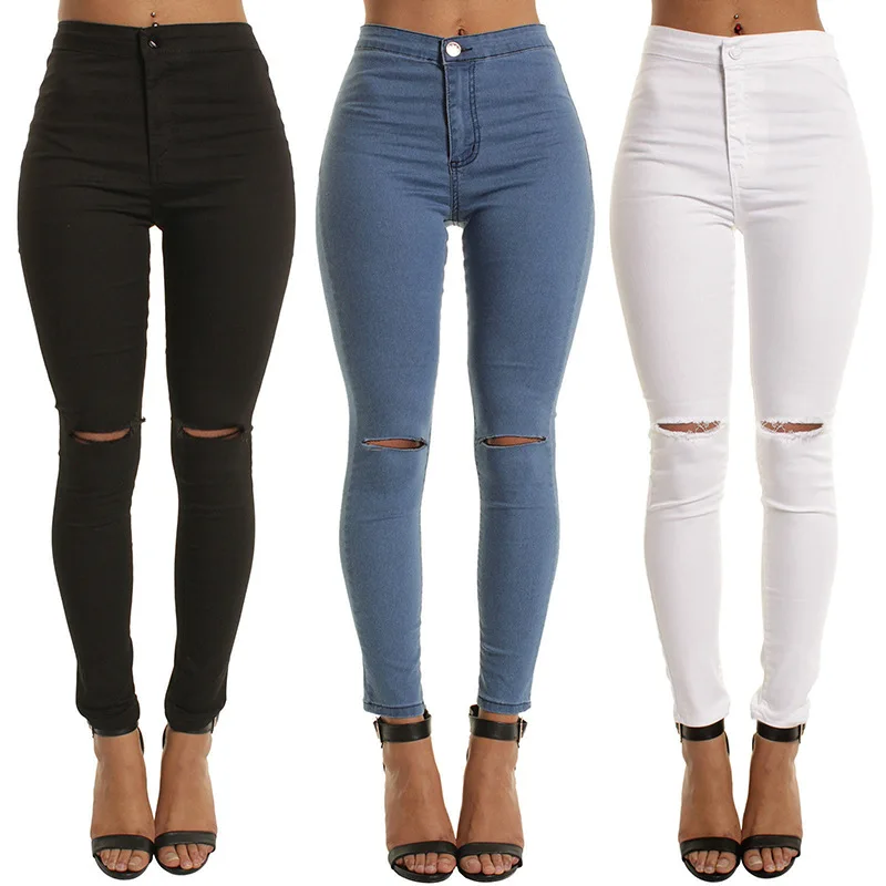 

Factory Wholesale Price Women White Blue Jeans High Waist Ripped Stretch Skinny Jeans, 5colors