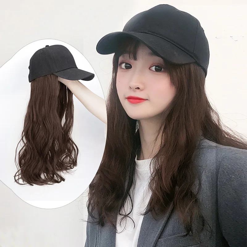 

Long Straight Waves Hat Wig 24 inch Black Brown Hair Ball Caps Casual Hat wig with Synthetic Hair Extension Baseball Cap Wig, Picture