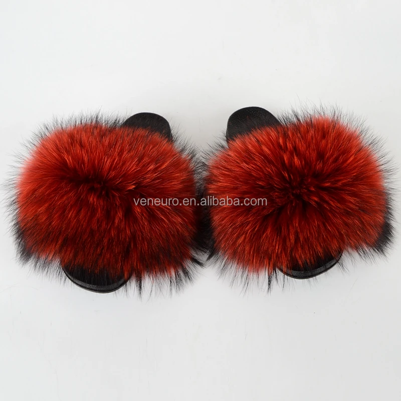 

Fashion Design Women Raccoon Fur Colorful Sandal Slides Flips Soft Furry Slippers Natural Brown Big Fur Slides, Customized color