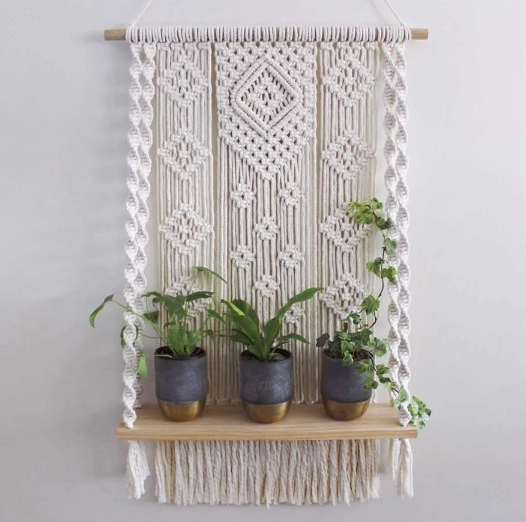 

Cotton Macrame Hanging Tapestries Handmade Planter Hanger Decorative Wooden Wall Hanging Shelf