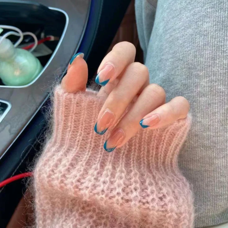 

Blue french press on nail kits full nail cover false press on nail tips