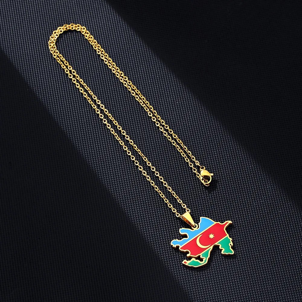 

Enameled Azerbaijan Map Chain Necklaces Stainless Steel 18K Gold Azerbaijan Country City National Flag Map Pendant Necklace