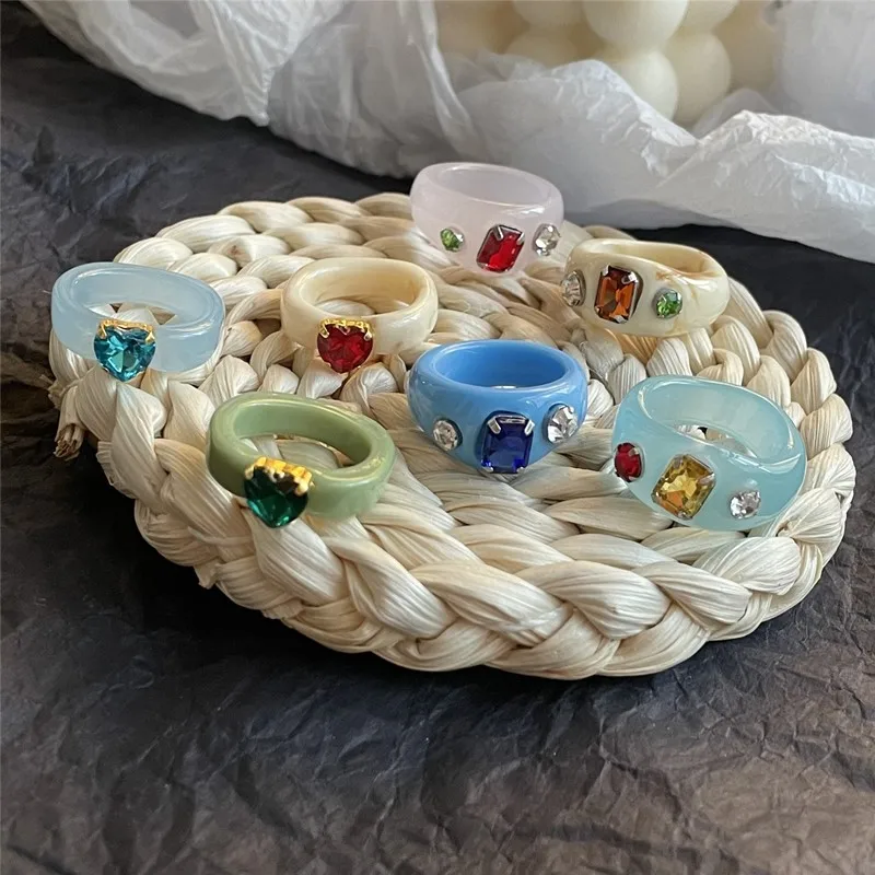 

New acrylic irregular colored diamond inset ring candy-colored resin ring for girl