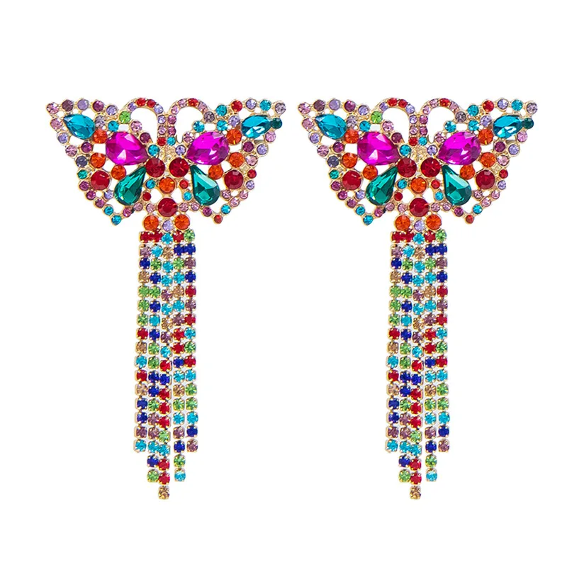 

MSYO Cute Cartoon Butterfly Earrings Exaggerated Color Rhinestone Tassel Earrings