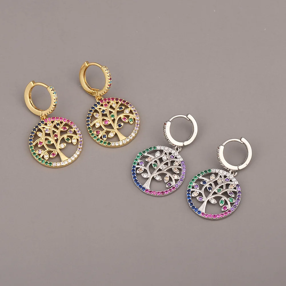 

Dainty Colorful Micro Pave Tree Of Life Charm Pendant Jewelry 18k Gold Plated Hoops Earrings