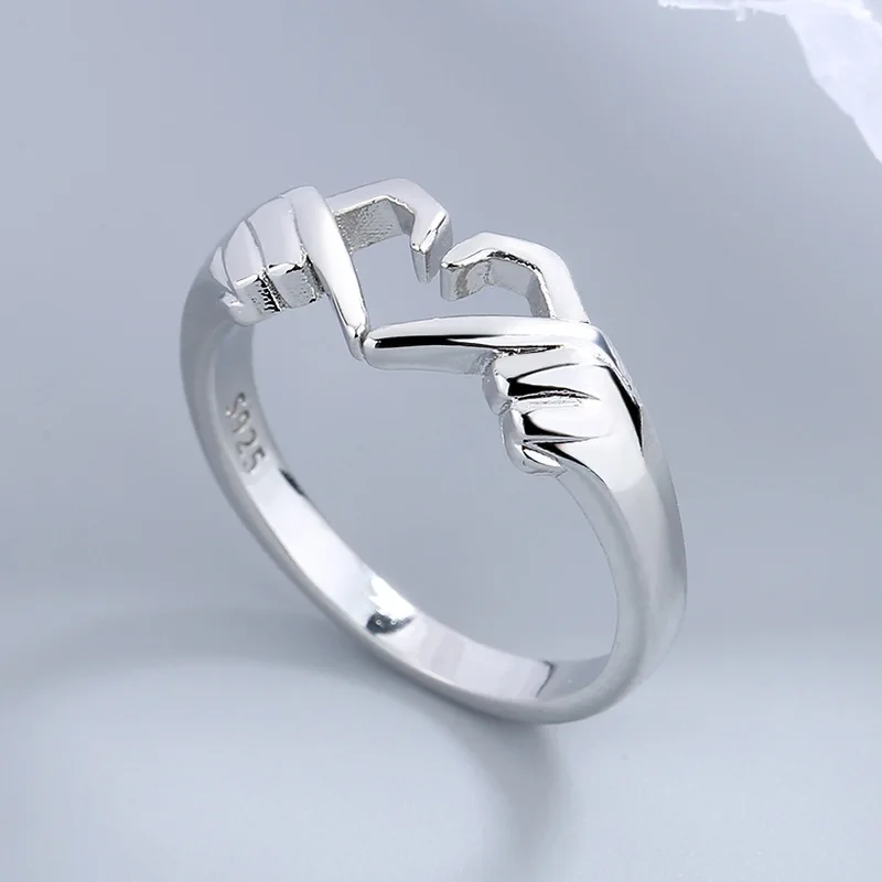 

Hot Sell Chic Sliver Gold Plated Wedding Ring Geometric Palm Love Gesture Couple Ring Romantic Hands than Heart Ring for Women, Silver,gold
