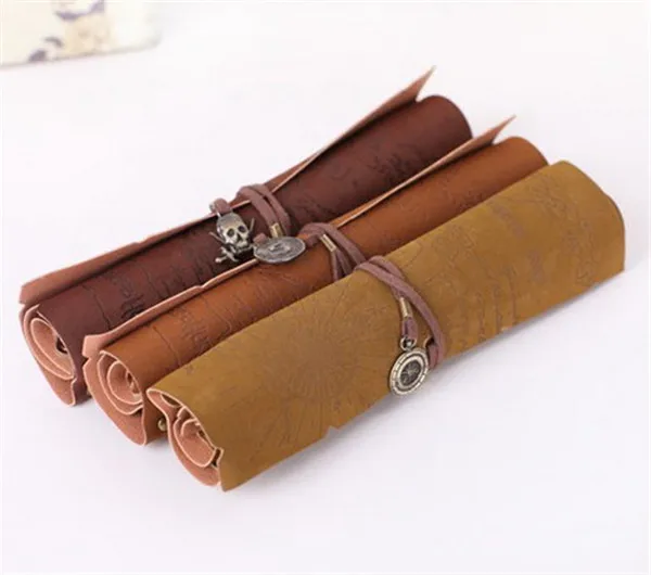 

High QUality Retro Vintage Pirate Roll Up PU Leather Pen Pencil Case Treasure Map Kid Party Gift Make up Cosmetic Bag, As the picture