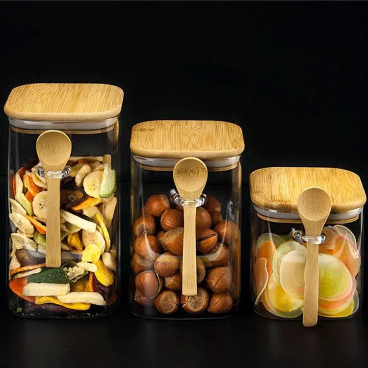 

Multi Specification Square Large Glass Jar Easy To Wash Glass Jar With Bamboo Lid And Spoon, Clear
