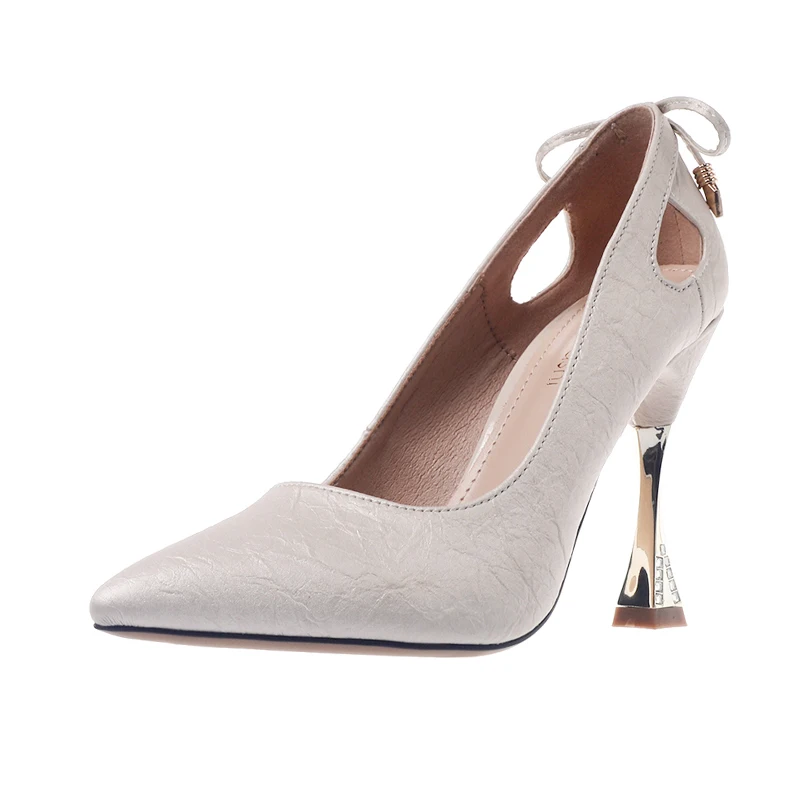 

New bow hollow out single shoes thick heel Rhinestone pointed high heels sexy net red women's shoes