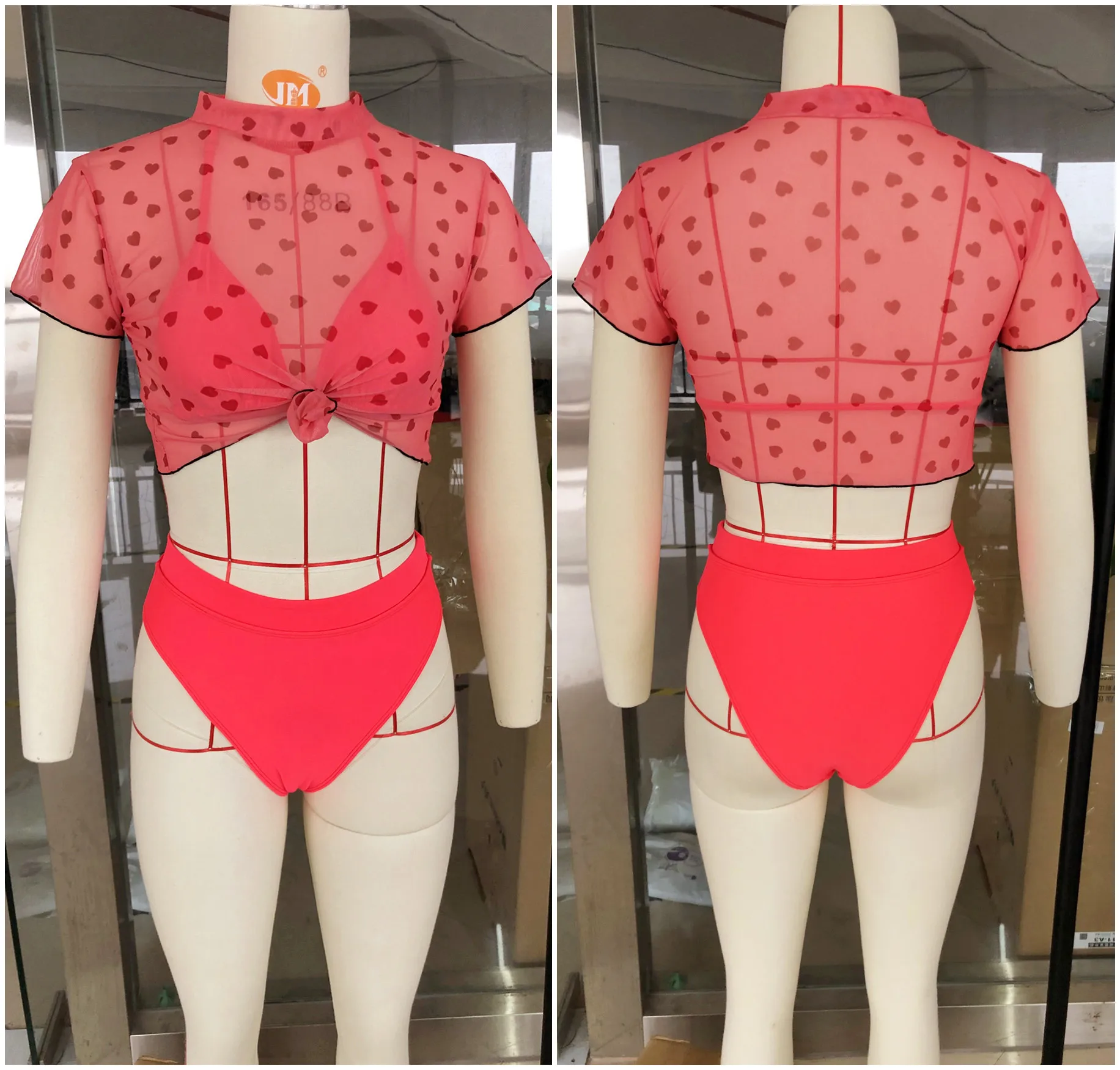 Pink Short Sleeve Backless Swimsuits Bathing Suits 3 Pieces Swimwear Women High Waist Neck Bikini Set 