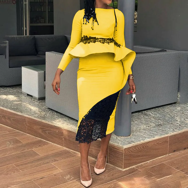 Yellow Mid Waist Ruffle Mid-calf Slim 