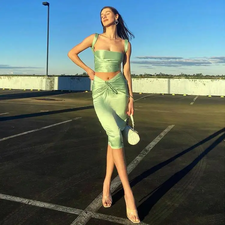 

Elegant Spring Summer 2021 Ruched Stain Midi Skirt Set Women Lace Up Party Sexy Two Piece Skirt Set, Green