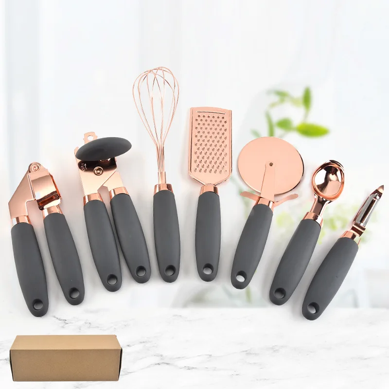 

Factory Supply 7 Pieces Rose Gold Kitchen Tools Set Kitchen Accessories Gadget Set Copper Coated Stainless Steel Utensils Set