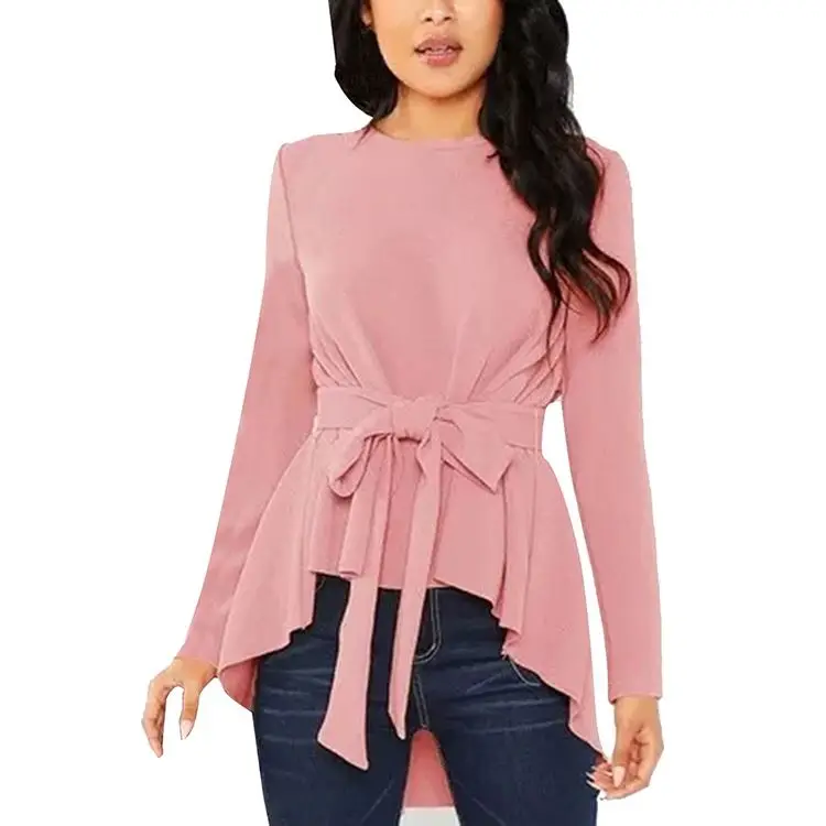 

Pink Round Neck Bow Tie Long Sleeve Women Clothing Tops, As shown