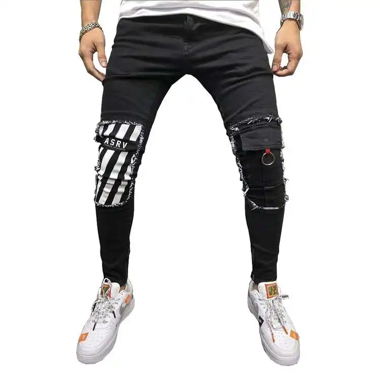 

Hot Sail Fashion Men's Striped Skinny Jeans Destroyed Frayed Slim Fit Denim Pants, As picture