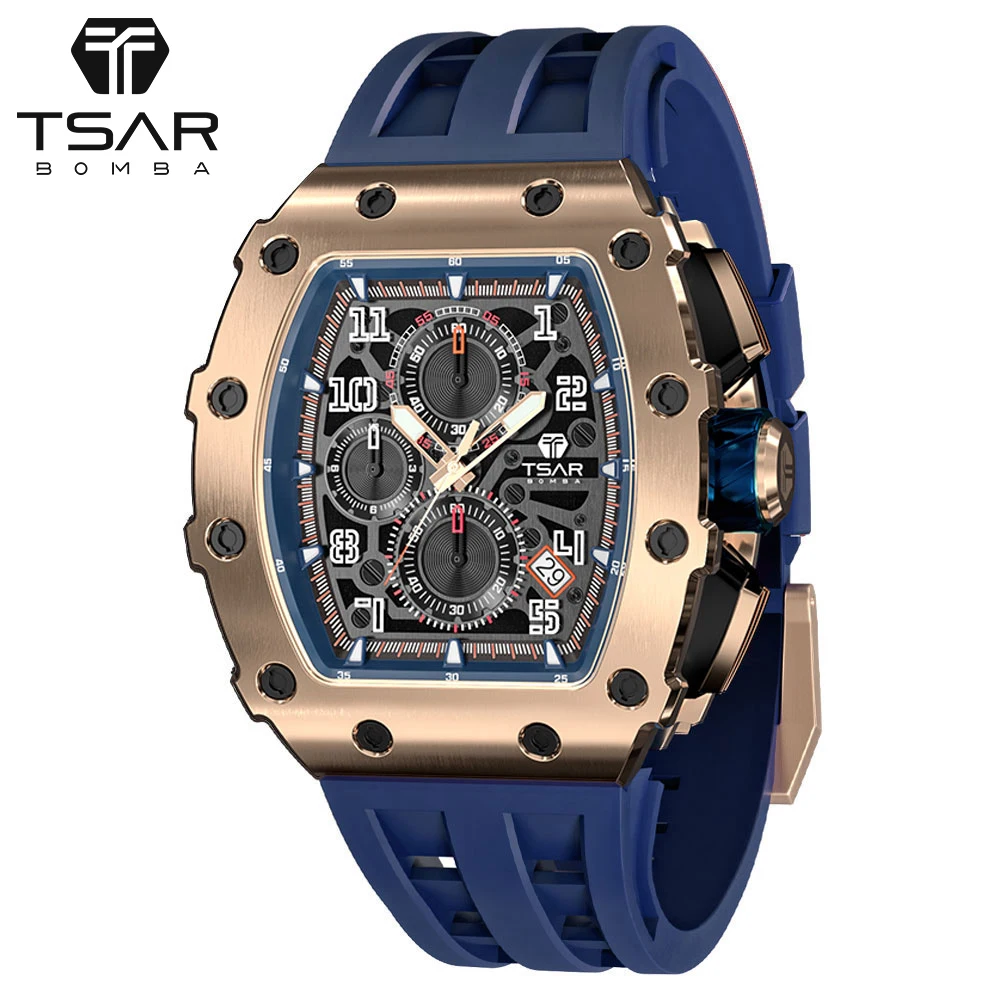 

TSAR BOMBA Top Brand Men's Watches Fashion Business Silicone Strap Luxury Quartz Wristwatch for Men Tonneau Watch, Rose gold/gold/silver