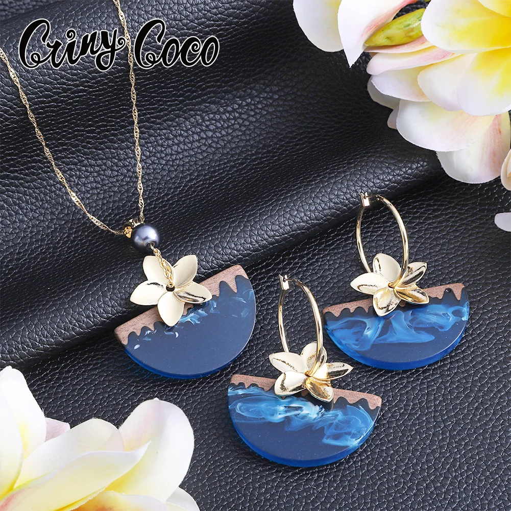 

Cring CoCo Blue Haku New samoan hamilto gold resin wooden Earrings polynesian set wholesale hawaiian jewelry Hibiscus, Picture shows