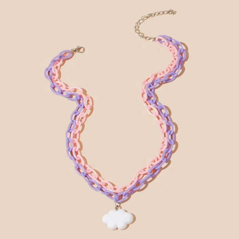 

Fashion Cute Delicate Clouds Pendant Thick Chain Necklaces Double Pink White Acrylic Thick Chain Love Heart Pendant Necklace